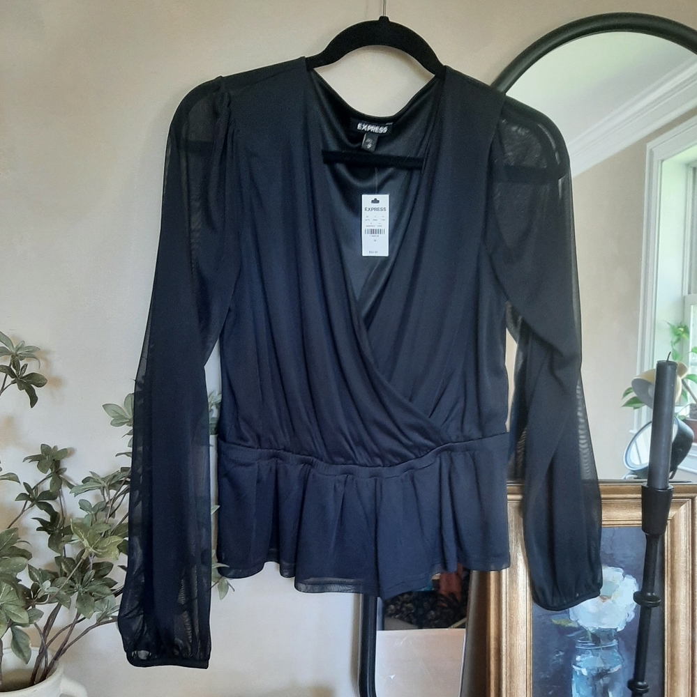 Express NWT Sheer Arm Surplice Blouse peplum